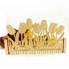 Hallo Frühling Schwibbogen art Zaun mit Tulpen für Fensterbank