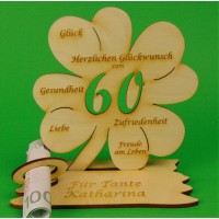 Geldgeschenk Kleeblatt 60. Geburtstag, Jubiläum, Jahrestag, Diamant Hochzeit 11cm