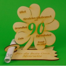 Geldgeschenk Kleeblatt 90. Geburtstag, Jahrestag, Jubiläum, Marmorhochzeit 11cm