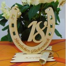 Hufeisen mit Zahl 18, ideal als Geldscheinhalter, z. B. zum  Firmenjubiläum oder zur Türkis-Hochzeit
