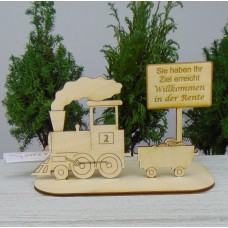 Lokomotive mit Ortsschild und Geldscheinhalter für die Urlaubskasse und Eisenbahn Liebhaber