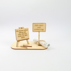 Geldgeschenk Lehrer/-in,  Ortsschild mit Gravur und Geldscheinhalter für Dozenten und Nachhilfe Lehrer