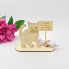 Geldgeschenk Katze mit Ortsschild mit Geldscheinhalter