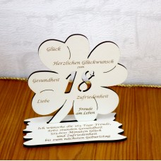 18. Geburtstag - Kleeblatt weiß mit Gravur "Ich wünsche ... "