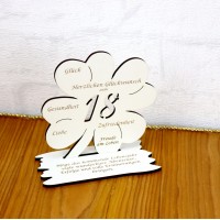 18. Geburtstag Geld-Gutschein-Geschenk - Kleeblatt weiß mit Gravur "Wir wünschen dir ... "