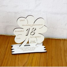 18. Geburtstag Geld-Gutschein-Geschenk - weißes Kleeblatt  mit Gravur eines Spruchs
