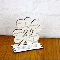 20. Geburtstag Geld-Gutschein-Geschenk - Kleeblatt weiß mit Gravur "Wir wünschen dir ... "