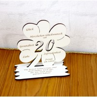 20. Geburtstag Geld-Gutschein-Geschenk - weißes Kleeblatt  mit Gravur eines Spruchs