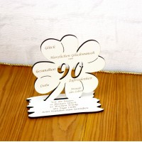 90. Geburtstag Geld-Gutschein-Geschenk - Kleeblatt weiß mit Gravur "Wir wünschen dir ... "