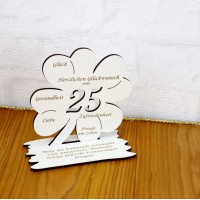 25. Geburtstag Geld-Gutschein-Geschenk - Kleeblatt weiß mit Gravur "Wir wünschen dir ... "