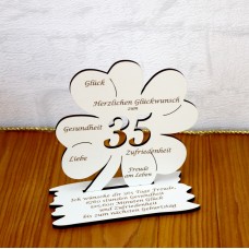 35. Geburtstag Geld-Gutschein-Geschenk - Kleeblatt  weiß  mit Gravur "Ich wünsche ... " 
