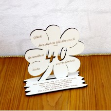 40. Geburtstag Geld-Gutschein-Geschenk - Kleeblatt  weiß  mit Gravur "Ich wünsche ... "