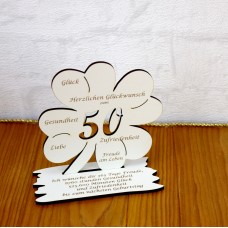 50. Geburtstag Geld-Gutschein-Geschenk -  Kleeblatt  weiß mit Gravur "Ich wünsche ... "