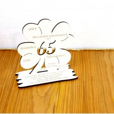 65. Geburtstag Geld-Gutschein-Geschenk -  Kleeblatt  weiß mit Gravur "Ich wünsche ... "