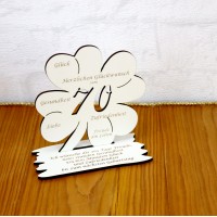 70. Geburtstag Geld-Gutschein-Geschenk -  Kleeblatt  weiß  mit Gravur "Ich wünsche ... "