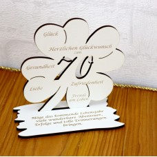 70. Geburtstag Geld-Gutschein-Geschenk - Kleeblatt weiß mit Gravur "Wir wünschen dir ... "