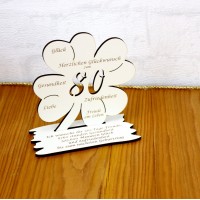 80. Geburtstag Geld-Gutschein-Geschenk -  Kleeblatt  weiß mit Gravur "Ich wünsche ... "