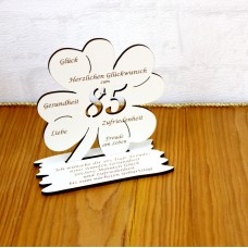 85. Geburtstag Geld-Gutschein-Geschenk -  Kleeblatt  weiß mit Gravur "Ich wünsche ... "