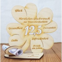 Petersilienhochzeit personalisierte Geldgeschenk Kleeblatt mit Zahl 12,5 , Holz, 11cm oder 16 cm