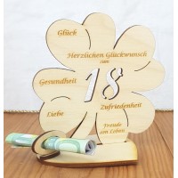 Geldgeschenk 18. Geburtstag Kleeblatt 11cm oder 16 cm Personalisiert auf Herzunterplatte