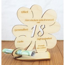 Geldgeschenk 18. Geburtstag Kleeblatt 11cm oder 16 cm Personalisiert auf Herzunterplatte