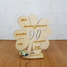 Geldgeschenk 90. Geburtstag Kleeblatt 11cm oder 16 cm Personalisiert aus Herzunterplatte