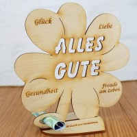 Geldgeschenk Kleeblatt Alles Gute 16 cm Personalisiert auf Herzunterplatte