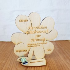 Firmung Geldgeschenk Kleeblatt  11cm oder 16cm Personalisiert Wunschtext auf Herzunterplatte
