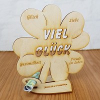 Geldgeschenk Kleeblatt Viel Glück mit Wunschgravur 16cm