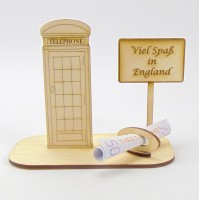 Geldgeschenk Englische Telefonzelle für eine Reise nach London oder England mit Ortsschild und Geldscheinhalter