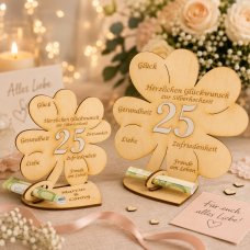 Silberhochzeit Geld-Gutscheingeschenk, 25 Jahre Kleeblatt 11 cm oder 16 cm